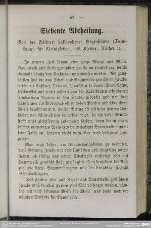 Siebente Abtheilung. Von der Färberei halbwollener Gegenstände (Demi-Laine) für Kleinigkeiten, als Kleider, Tücher rc.