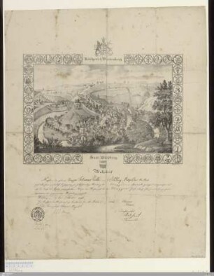 Königreich Württemberg Stadt Wildberg Meisterbrief : [Handwerksbrief, Fleischer, Wildberg, 1846]; Nachdem der gelernte Mezger Johannes Roller von Wildberg, Nagolder Ober Amts ... das Meisterrecht bei der Mezger-Zunft erlangt hat, so wird ihm ... der gegenwärtige Meisterbrief zugestellt. Wildberg den 9.ten Oktober 1846. Die Aechtheit der Ausfertigung beurkundet den 10. October 1846 ...