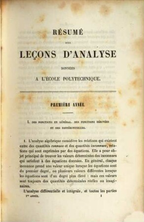 Résumé des leçons d'analyse données à l'école polytechnique : Suivi de notes par M.J. Liouville, 1