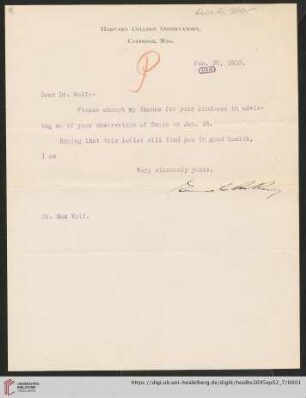 Briefe von Edward Charles Pickering an Max Wolf: Brief von Edward Charles Pickering an Max Wolf