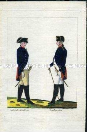Uniformdarstellung, Gemeiner der Reitenden Artillerie und Bombardier, Königreich Preußen, 1789, Tafel aus: Horvath: Preussische Armee-Uniformen unter der Regierung Friedrich Wilhelm II.