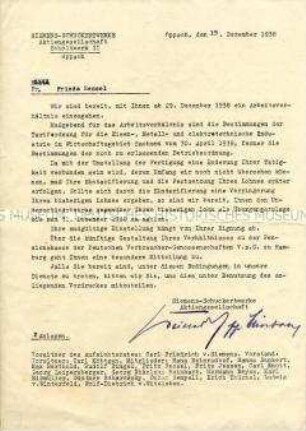 Schreiben einer Firma zur befristeten Einstellung einer Arbeiterin