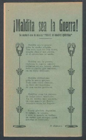 ¡Maldita sea la guerra! : Se cantará con la música "Pobre mi madre querida"