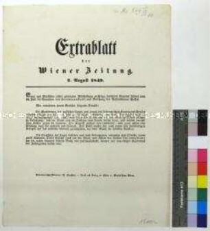 Extrablatt der Wiener Zeitung 2. August 1849 Darin: Bericht über die Einnahme von Hermannstadt