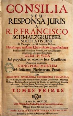 Consilia Seu Responsa Juris, Tomus Primus