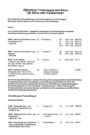 Öffentliche Vorlesungen und Kurse für Hörer aller Fachbereiche
