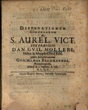 Disputationem circularem de S. Aurel. Vict.