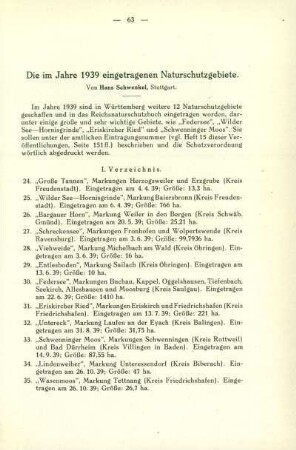 Die im Jahre 1939 eingetragenen Naturschutzgebiete