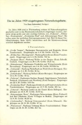 Die im Jahre 1939 eingetragenen Naturschutzgebiete