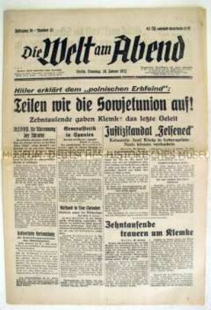 Kommunistische Berliner Abendzeitung "Die Welt am Abend" u.a. zur Beisetzung eines Opfers des NS-Terrors
