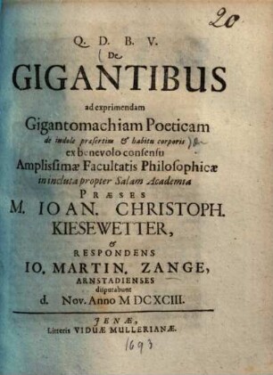 De Gigantibus ad exprimendam Gigantomachiam Poeticam de indole praesertim et habitu corporis