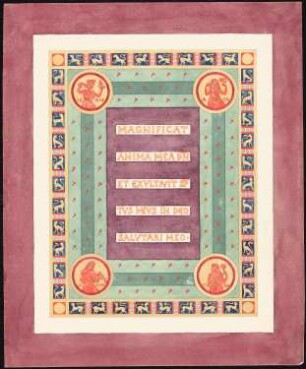 Buchornamentik: Codex Aureus Epternacensis (Goldenes Evangeliar von Echternach): Ansicht purpurfarbene Zierseite mit Schrifttafel (die ersten beiden Zeilen des lateinischen Gebetstextes Magnificat, Rahmen mit schreitendem Löwen, in den Ecken Medaillons mit allegorischer Darstellung der vier Elemente (dazu vgl. auch Inv.Nrn. 44598, 44613, 44615, 44616)