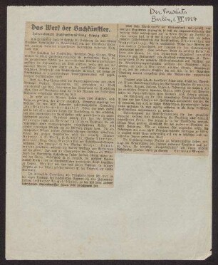 Zeitungsartikel: "Das Werk der Buchkünstler. Internationale Buchkunstausstellung Leipzig 1927" von Herrmann Meyer (1901-1972), in: Der Vorwärts