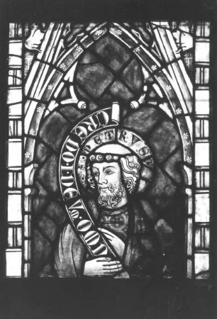 Apostel Petrus (Kopf) : Apostel Petrus (Kopf). Glasmalerei (um 1340/1350). Mühlhausen, Pfarrkirche Sankt Blasius (N II (2a))