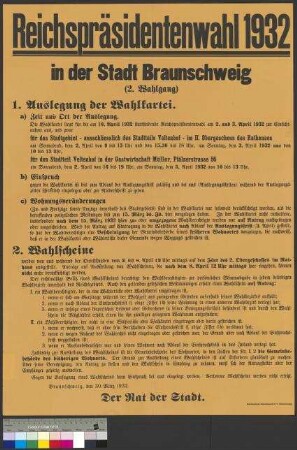 Bekanntmachung der Stadt Braunschweig zur Organisation des zweiten Wahlgangs der Reichspräsidentenwahl am 10. April 1932