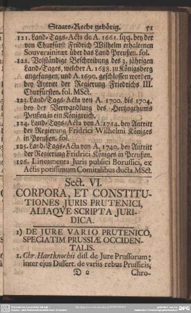 Sectio VI. Corpora, Et Constitutiones Juris Prutenici, Aliaque Scripta Juridica