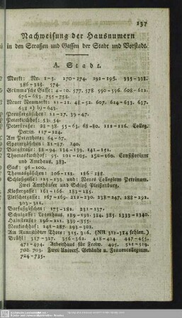 Nachweisung der Hausnummern in den Straßen und Gassen der Stadt und Vorstadt