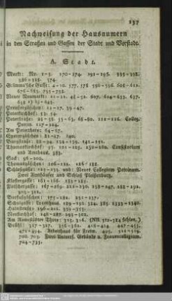 Nachweisung der Hausnummern in den Straßen und Gassen der Stadt und Vorstadt