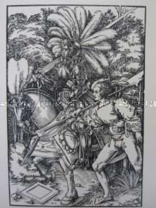 Kriegerdarstellung, Reisiger mit Lanze zu Pferd und Knecht mit Hellebarde, um 1510/1515.
