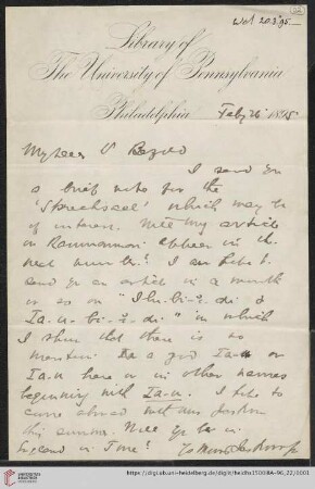 Briefe von Morris Jastrow an Carl Bezold: Brief von Morris Jastrow an Carl Bezold