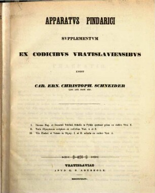 Apparatus Pindarici Supplementum ex codicibus Vratislaviensibus