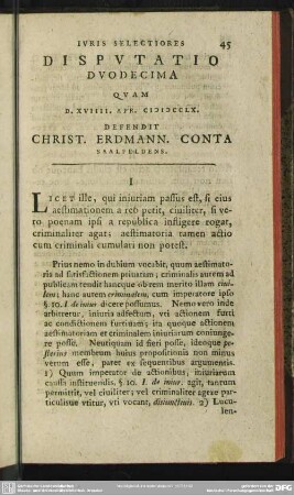 Disputatio Duodecima Quam D. XVIIII. Apr. MDCCLX. Defendit Christ. Erdmann. Conta Saalfeldens