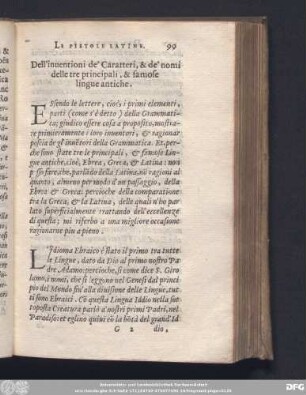 Dell'inuentioni de' Caratteri, & de' nomi delle tre principali, & famose lingue antiche.