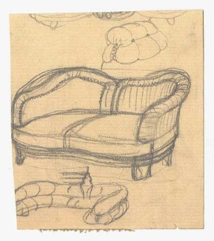 Skizze eines Sitzmöbels : Sofa mit geschwungener Lehne in Vorderansicht, Detailskizze