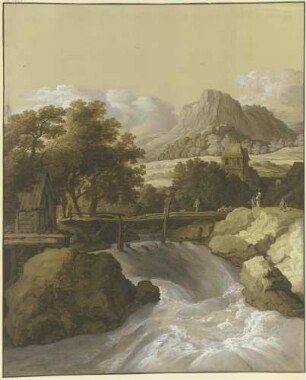 Ein reißender Bach mit einer Brücke und Blick in ein Tal