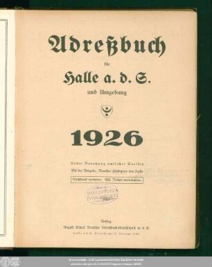 1926: Adreßbuch für Halle a. d. S. und Umgebung : unter Benutzung amtlicher Quellen