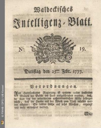 No. 19. Dienstag den 25ten Febr. 1777