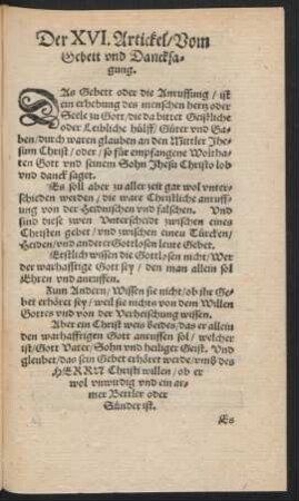 Der XVI. Artickel/ Vom Gebett und Dancksagung.