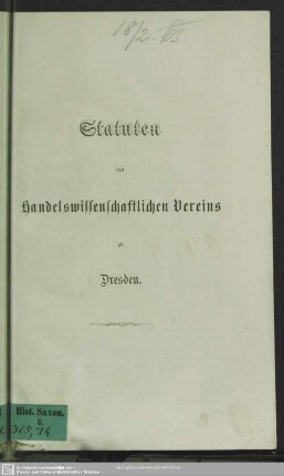 Statuten des Handelswissenschaftlichen Vereins zu Dresden : [Dresden, den Jannuar 1863]