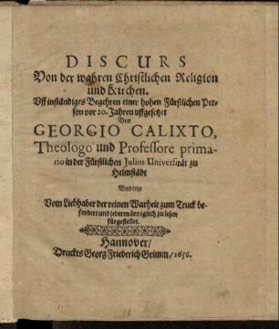 Discurs Von der wahren Christlichen Religion und Kirchen