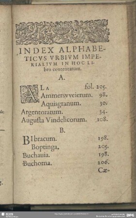 Index Alphabeticus Urbium Imperialium In Hoc Libro contentarum