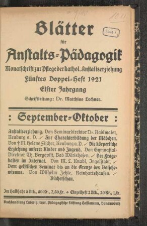 September-Oktober: Fünftes Doppelheft 1921