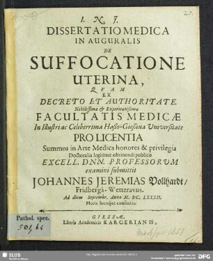 Disputatio Medica Inauguralis De Suffocatione Uterina