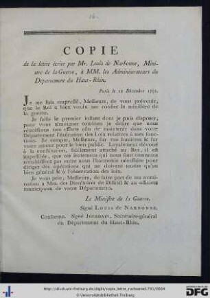 Copie de la lettre écrite par Mr. Louis de Narbonne, Ministre de la Guerre, à MM. les Administrateurs du Département du Haut-Rhin.