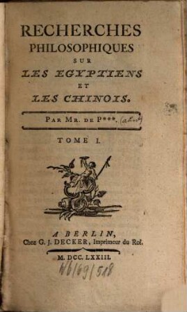 Recherches Philosophiques sur les Egyptiens et les Chinois, 1.