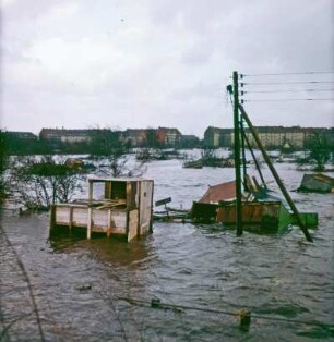 Sturmflut Hamburg 1962. Überflutete Kleingartenanlage in der Nähe eines Wohngebietes