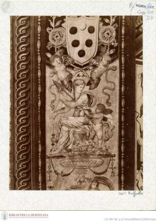 Bildteppich (Tapisserie), Serie für die Sixtinische Kapelle, Schlüsselübergabe (Pasce oves meas), Bordüre seitlich "Schlüsselübergabe": Satyrn, Parzen und Mediciwappen