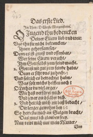 Das erste Lied. || Jm Thon: O Christe Morgensterne. ||