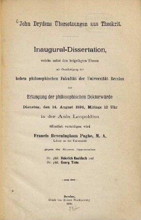 John Drydens Übersetzungen aus Theokrit