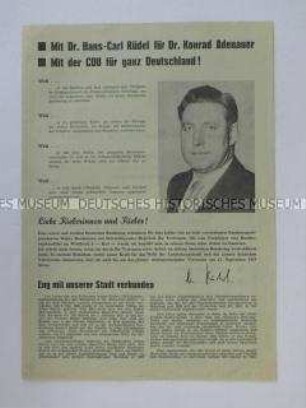 Propagandaflugblatt der CDU zur Bundestagswahl 1957 mi kommunalpolitischer Ausrichtung auf die Stadt Kiel
