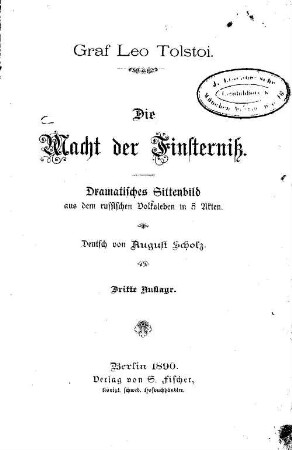 Die Macht der Finsterniß : dramatisches Sittenbild aus dem russischen Volksleben in 5 Akten