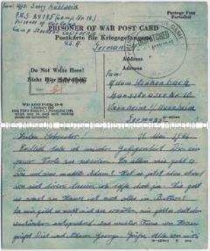 Handgeschriebene Vordruck-Postkarte aus einem Kriegsgefangenenlager in den USA