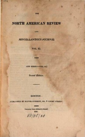 The North American review and miscellaneous journal, 11. 1820 = N.S., Vol. 2