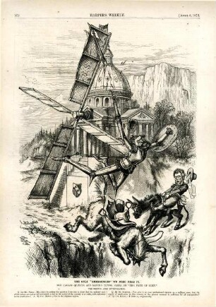 The only "emergencies" we need fear(?). [Anschließend folgt ein Textblock] : Carl Schurz, in der Darstellung als Don Quijote, wird von den Flügeln einer Windmühle aus dem Sattel gerissen