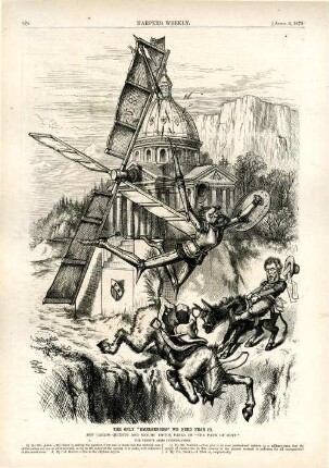 The only "emergencies" we need fear(?). [Anschließend folgt ein Textblock] : Carl Schurz, in der Darstellung als Don Quijote, wird von den Flügeln einer Windmühle aus dem Sattel gerissen