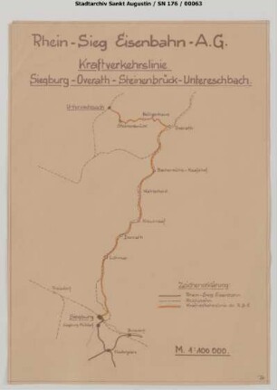 Liniennetzplan: Kraftverkehrslinie Siegburg - Overath - Steinenbrück - Untereschbach. Omnibus-Streckenplan.